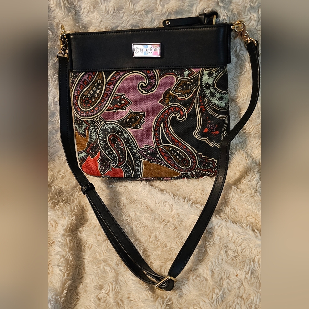 Spartina 449 Cora Hipster Crossbody Multicolored Linen & Black Leather NWOT - Picture 2 of 16